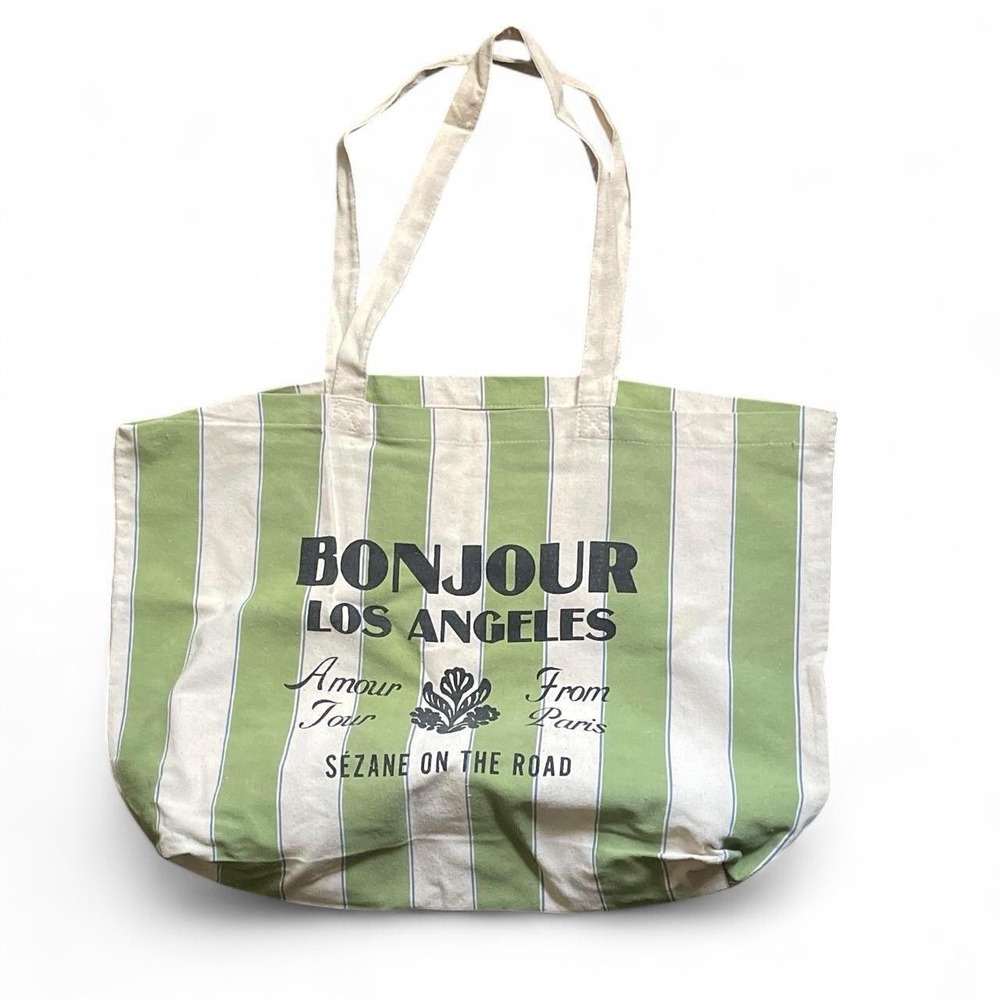 Sezane Cream and Green "Bonjour Los Angeles" LA Tote Bag
